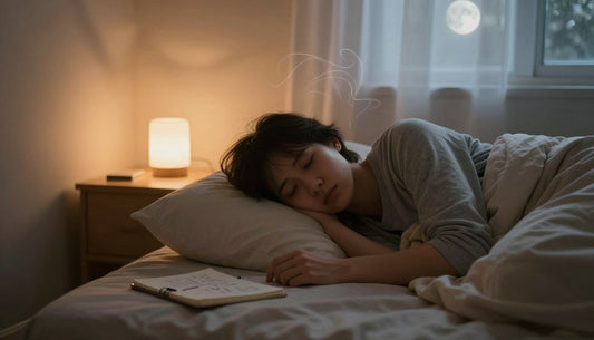 Woman resting peacefully in bed at night beside a warm bedside lamp, illustrating how to stop overthinking at night.