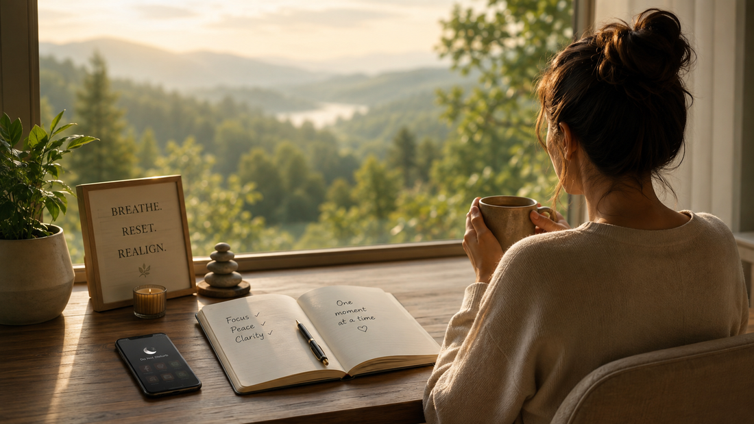 Woman enjoying a quiet mindful moment by a window away from digital distractions