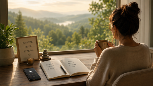 Woman enjoying a quiet mindful moment by a window away from digital distractions
